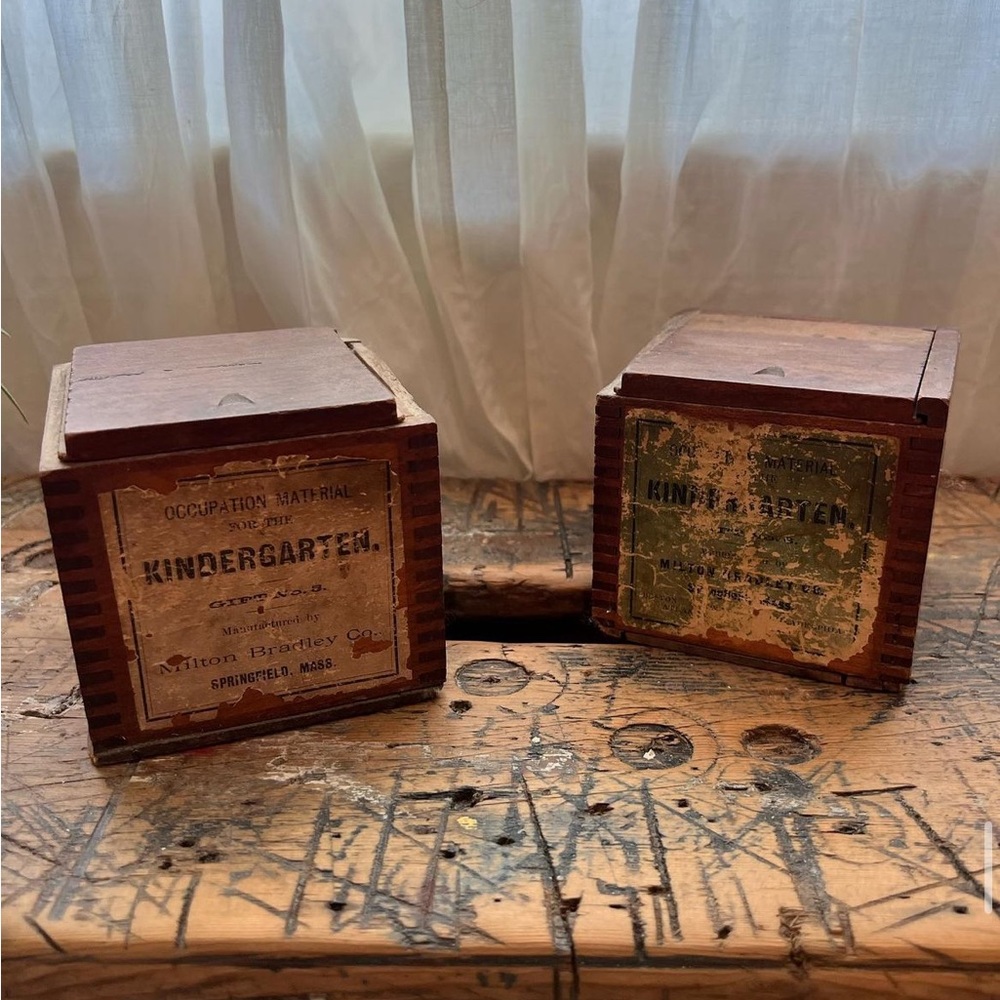 Antique Milton Bradley Kindergarten Wooden Building Blocks.